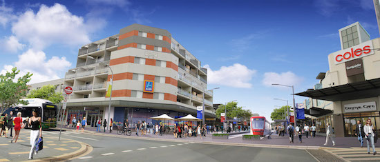 An artist's impression of Gungahlin with a tram stop.