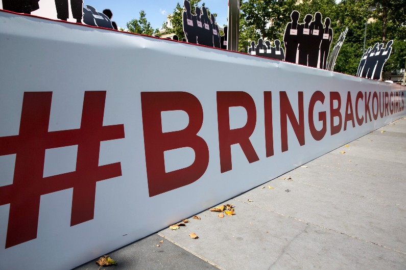 A temporary exhibition is displayed on the Place de la Republique to support the movement Bring Back Our Girls in Paris, France, 28 July 2014.