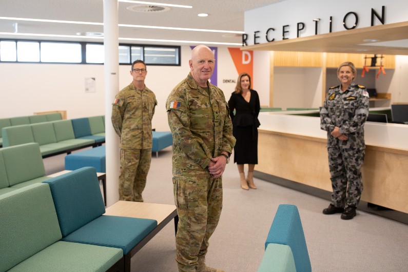 (l-r) Chief of Staff of the COVID-19 Task Force, Brigadier Mark Brewer, Australian Army Lieutenant General John Frewen, Commander Defence COVID-19 Taskforce, Deputy Commander Defence COVID-19 Megan Lees, and Commander Joint Health Command and Surgeon General Australian Defence Force, Rear Admiral Sarah Sharkey, AM, CSC, at the ACT Health Centre, to receive their COVID-19 vaccination.