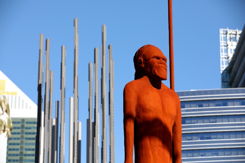 Wirin, a nine metre high sculpture that embodies the spirit and culture of the Noongar people, is seen in Yagan Square in Perth, Tuesday, July 16, 2019. (AAP Image/Richard Wainwright)