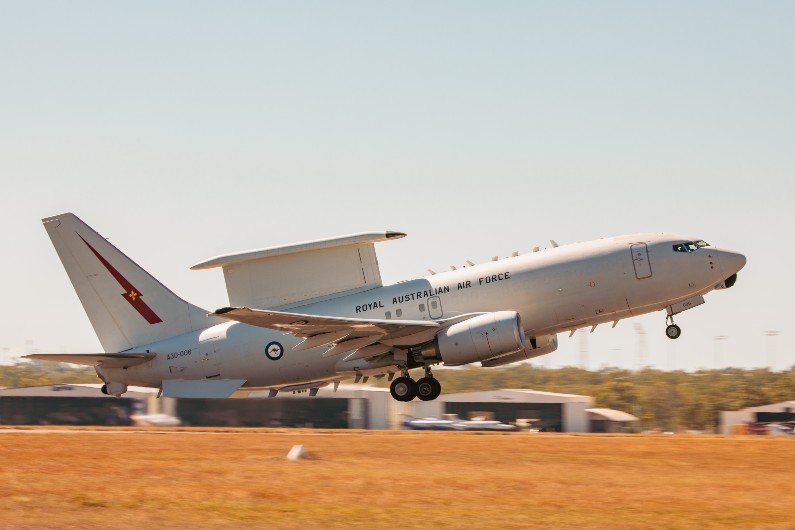 E-7A Wedgtail aircraft, A30-006, from No. 2 Squadron prepares takes off from RAAF Base Darwin during Exercise Rogue Ambush 21-1. 