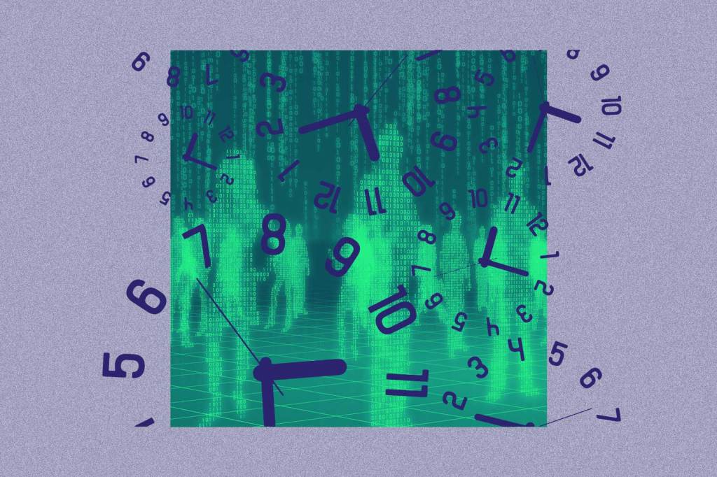 Blurry green people from The Matrix with purple clockfaces scattered over them